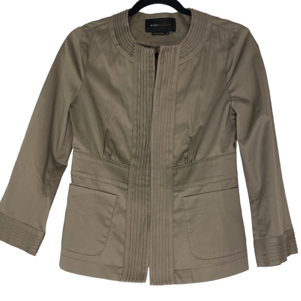 BCBG MAX AZRIA Gravel Taupe Cotton 3/4 Sleeve Pin Tuck Tuxedo Drew Jacket